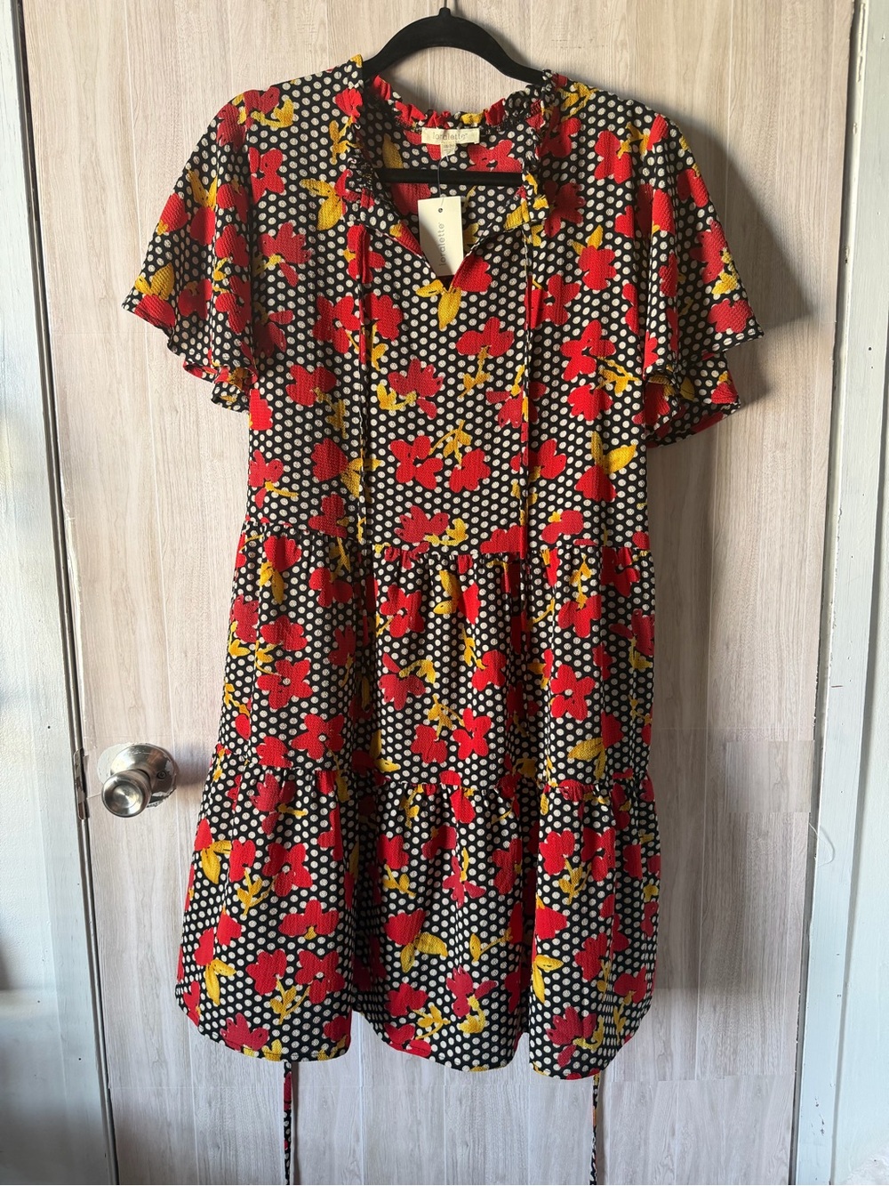 loralette Black Polka Dot Midi Dress with Red & Yellow Floral Print